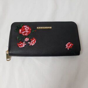 Rampage Black Pebbled Faux Leather Zip Around Wallet w/Embroidered Red Flowers